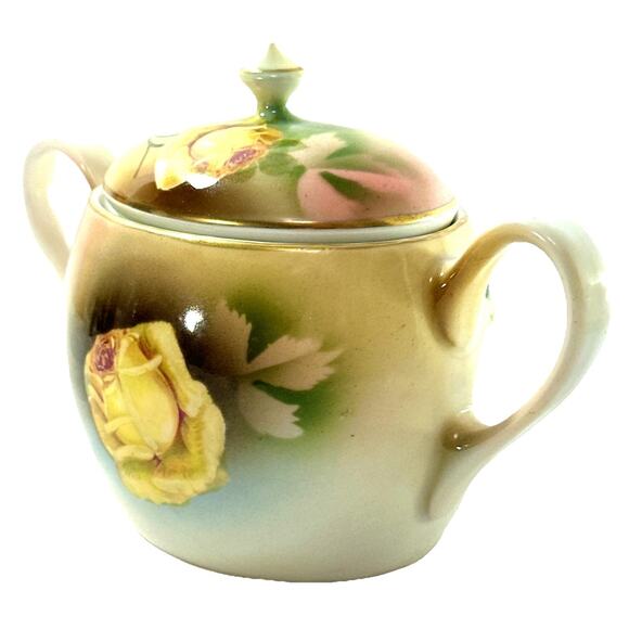 Antique P.S.A.G. Bavaria Hand Painted Sugar Bowl Yellow Roses Gold Trim - Picture 6 of 8